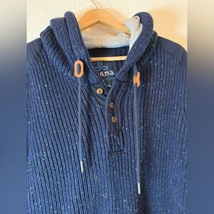 Prana Wool Blend ‎ Men's Dark Blue Hooded Ribbed Heavy Knit Sweater. XL